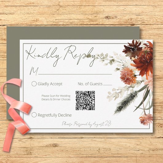 Rustikale Terracotta Roste Blume Grüner QR-Code RSVP Karte