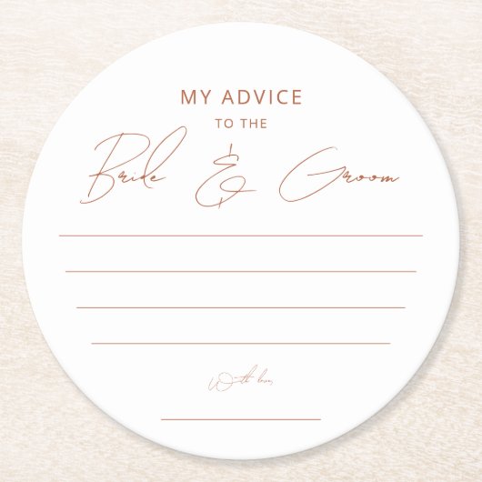 Rustikale Terracotta Skriptberatung Braut Groom Ge Runder Pappuntersetzer (Vorderseite)
