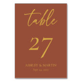 Rustikale Terracotta und Senf Hochzeitsempfang Tischnummer (Vorderseite)