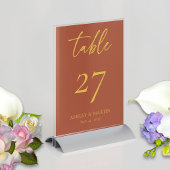 Rustikale Terracotta und Senf Hochzeitsempfang Tischnummer