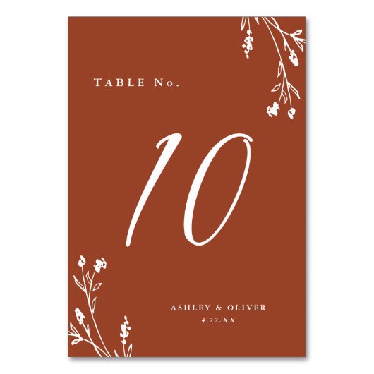 Rustikale Terracotta-Wildblumen Boho Wedding Tischnummer (Vorderseite)