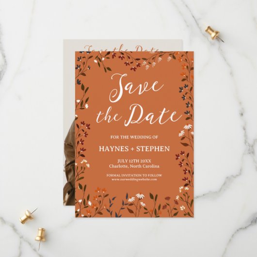 Rustikale Terrakotta-Blumen-Save-the-Date-Karte Save The Date (Vorderseite/Rückseite Beispiel)