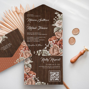 Rustikale Terrakotta-Blumen-Scheunen-Hochzeit QR-C All In One Einladung