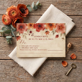 Rustikale Terrakotta-Braunorange-Floral-Hochzeit RSVP Karte