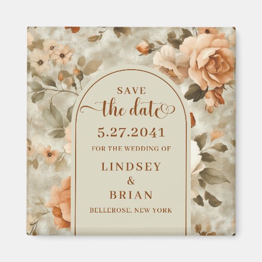 Rustikale Terrakotta-Elfenbein-Olive-Blumen-"Save  Magnet (Vorne)