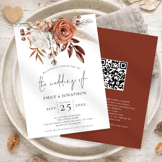Rustikale Terrakotta-Florals QR-Code-Hochzeit Einladung