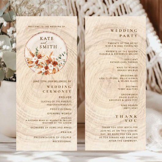 Rustikale Terrakotta-Hochzeitsprogramm mit Holzsch