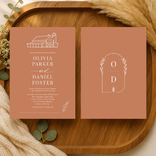 Rustikale Terrakotta-Landhochzeit Einladung