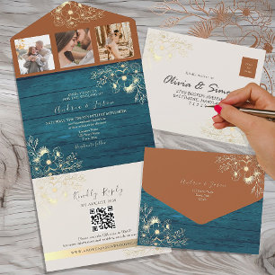 Rustikale Terrakotta Türkise Herbst-Hochzeit All In One Einladung