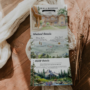 Rustikale Tetongebirge Illustrierte Hochzeit Dreifach Gefaltete Einladung