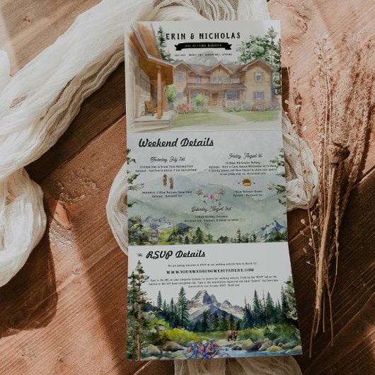 Rustikale Tetongebirge | Illustrierte Hochzeit Dreifach Gefaltete Einladung