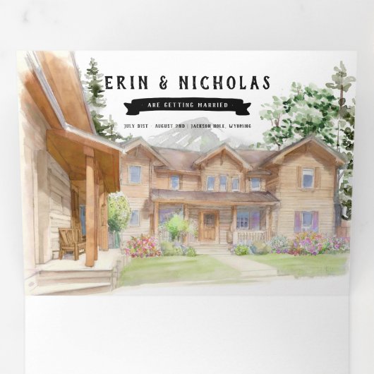 Rustikale Tetongebirge | Illustrierte Hochzeit Dreifach Gefaltete Einladung (Innen Erste Seite)