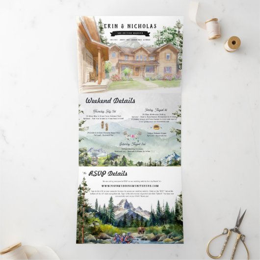 Rustikale Tetongebirge | Illustrierte Hochzeit Dreifach Gefaltete Einladung (Innenseite)