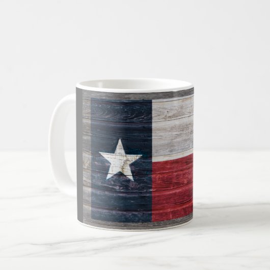 Rustikale Texas Lone Star Flagge auf verwittertem Kaffeetasse (Vorderseite Links)