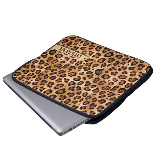 Rustikale Textilienleopard - Name Laptopschutzhülle (Vorne Knopf)