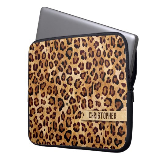 Rustikale Textilienleopard - Name Laptopschutzhülle (Vorderseite Links)