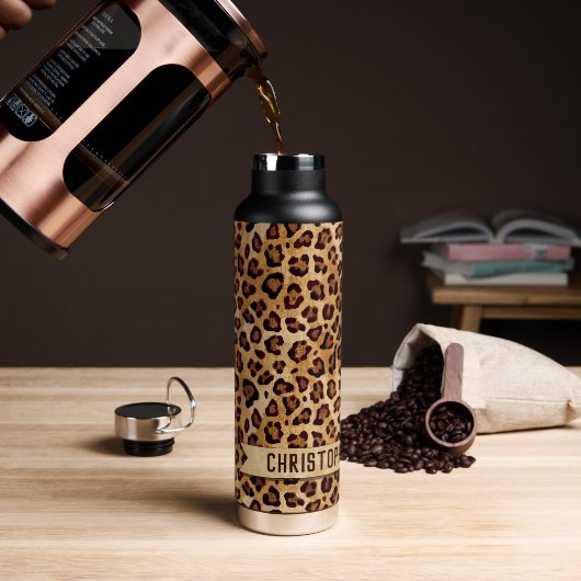 Rustikale Textilienleopard - Name Trinkflasche (Kaffee)