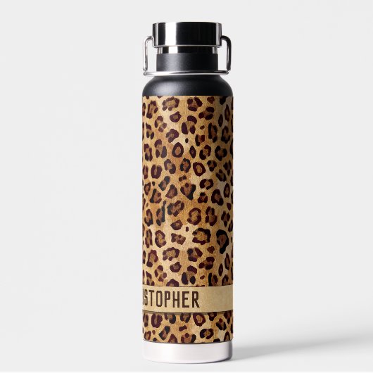Rustikale Textilienleopard - Name Trinkflasche (Rückseite)