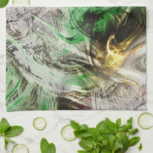 Rustikale Textur unter schwimmender grüner und gel Geschirrtuch (Gefaltet)