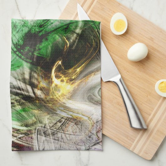 Rustikale Textur unter schwimmender grüner und gel Geschirrtuch (Viertel Falte)