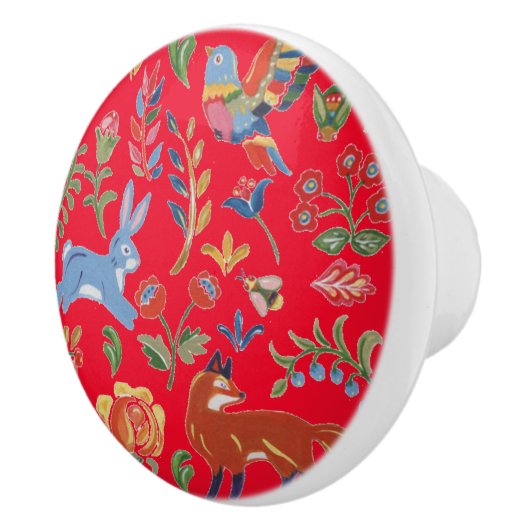 Rustikale Tiere der Roten Folk Art Blume Niedlich Keramikknauf (Rechts)