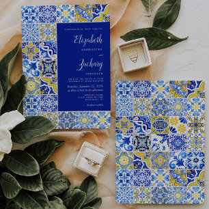 Rustikale Tile Blue Yellow White Wedding Einladung
