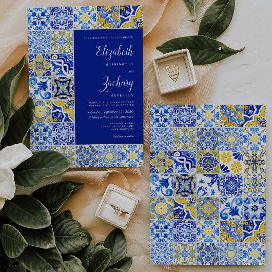 Rustikale Tile Blue Yellow White Wedding Einladung