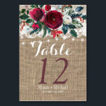 Rustikale Tischnummer<br><div class="desc">Rustikale,  winterlich-elegante Hochzeitsfeier (zwei Gesichter) mit bearbeitbarem Text mit dunkelroten bräunlichen und weißen Pfannkuchen,  saisonalen Pinienblättern,  bunten Lichterketten und einem weißen Spitzen-Rahmen auf beigen Imitaten. Ideal für Ihre Weihnachten / Winter elegante rustikale Land,  Bauernhof oder Hütte themed Hochzeitsfeiern.</div>