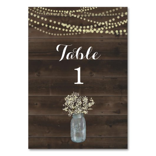 Rustikale Tischnummernkarte - Holz & Baby's Breath Tischnummer (Vorderseite)