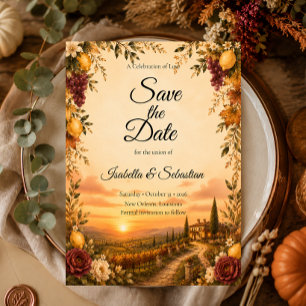 Rustikale toskanische Herbstromanze-Hochzeit Save The Date