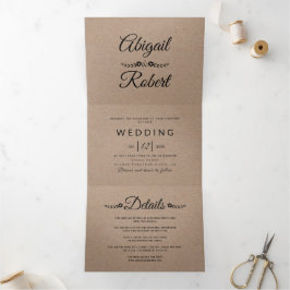 Rustikale Trauung mit schwarzem Typografie Dreifach Gefaltete Einladung