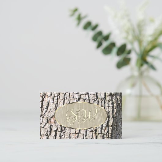 Rustikale Tree Bark Grain Oval Gold Border Initial Visitenkarte (Stehend Vorderseite)