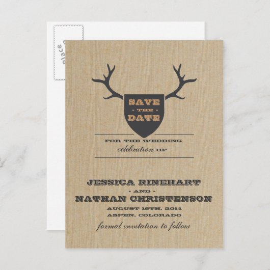 Rustikale Trophy Grau Save the Date Ankündigungspostkarte (Vorne/Hinten)