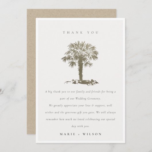 Rustikale Tropical Beach Palm Tree Dark Gold Hochz Dankeskarte (Vorne/Hinten)