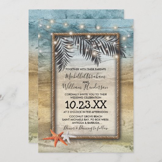 Rustikale Tropical Beach Starfish Lights Hochzeit Einladung (Vorne/Hinten)