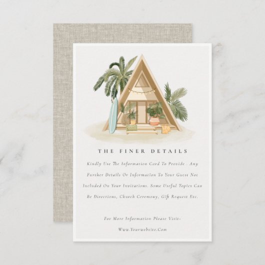 Rustikale Tropical Palm Beach Shack Hochzeitsdetai Begleitkarte (Vorne/Hinten)