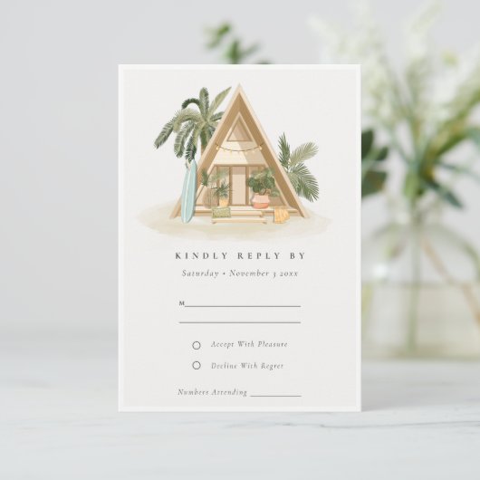 Rustikale Tropical Palm Beach Shack Wedding Rsvp (Stehend Vorderseite)