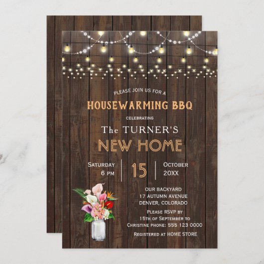 Rustikale tropische Blume Holzhäuserwärmung GRILLE Einladung (Vorne/Hinten)