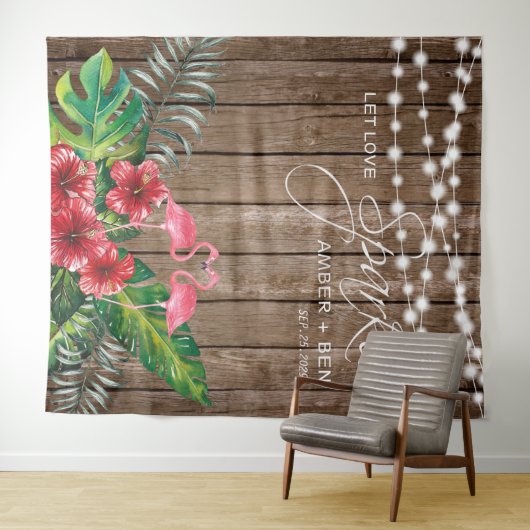 Rustikale tropische Flamingos-String-Lichter Hochz Wandteppich (Beispiel (Horizontal))