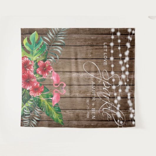 Rustikale tropische Flamingos-String-Lichter Hochz Wandteppich (Vorderseite (Horizontal))