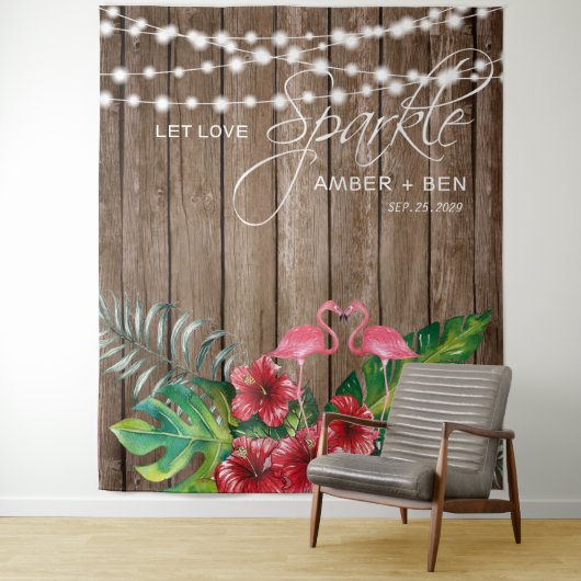 Rustikale tropische Flamingos-String-Lichter Hochz Wandteppich (Beispiel)