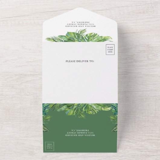 Rustikale tropische Monstera Palm Blätter Foto Hoc All In One Einladung (Außenbereich)