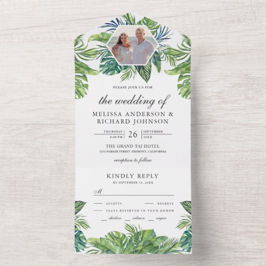 Rustikale tropische Monstera Palm Blätter Foto Hoc All In One Einladung (Innen Boden)