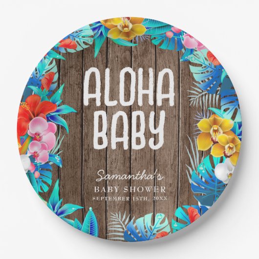 Rustikale tropische Palme Blätter Aloha Babydusche Pappteller (Vorderseite)