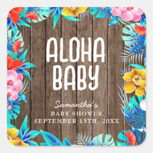 Rustikale tropische Palme Blätter Aloha Babydusche Quadratischer Aufkleber