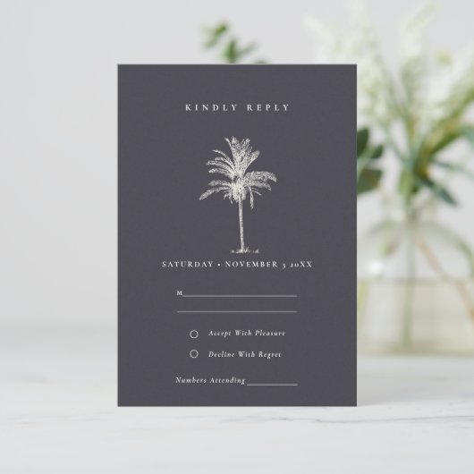 Rustikale tropische Palme Navy Kraft Hochzeit RSVP Begleitkarte (Stehend Vorderseite)