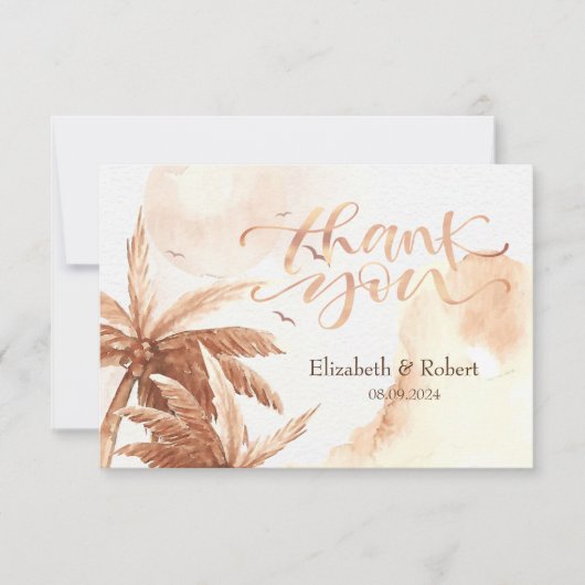 Rustikale tropische Palmen Hochzeit Danke Karte (Vorderseite)