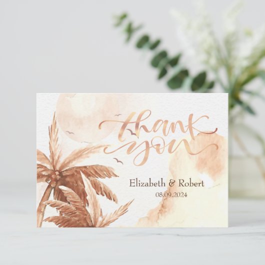 Rustikale tropische Palmen Hochzeit Danke Karte (Stehend Vorderseite)