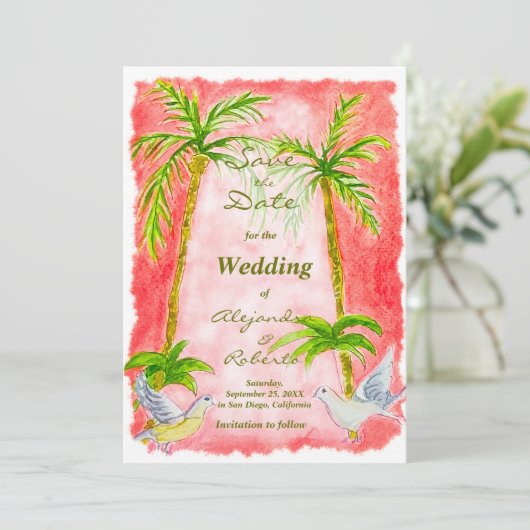 Rustikale tropische Wasserfarbenhochzeit retten da Einladung (Stehend Vorderseite)