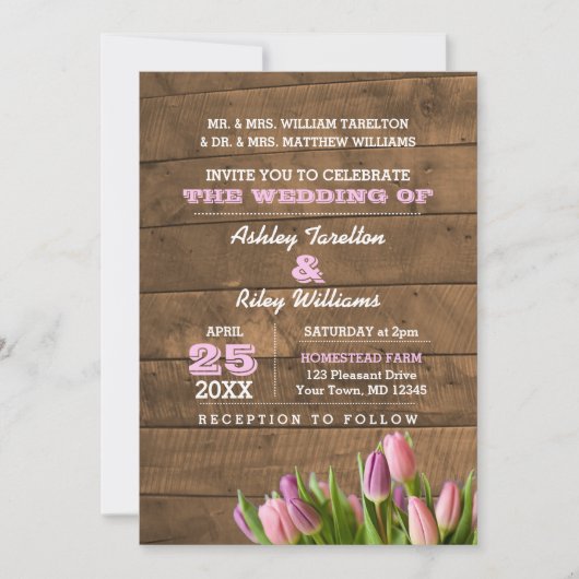 Rustikale Tulips & Barnwood Hochzeit Einladung (Vorderseite)